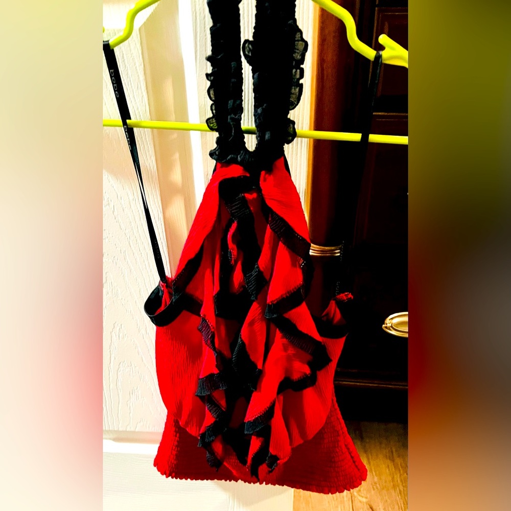 Bebe Red and Black Ruffle Dressy Halter Top M
